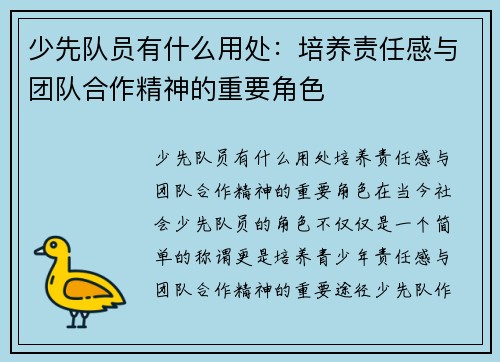 少先队员有什么用处：培养责任感与团队合作精神的重要角色